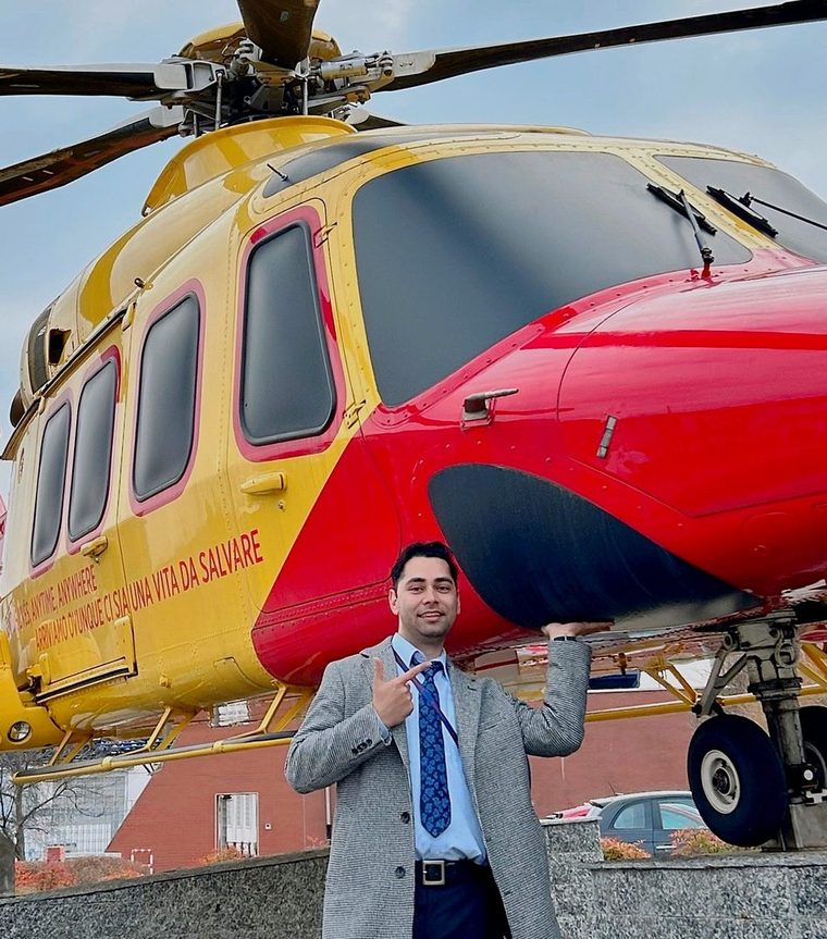 Sagar Bhandari with an AW139 at Leonardo Helicopters, Vergiate, Italy